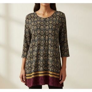 J.Jill Blouse Tunic Women's X-Large Black Maroon & Gold 3/4 Sleeve Pre-Owned